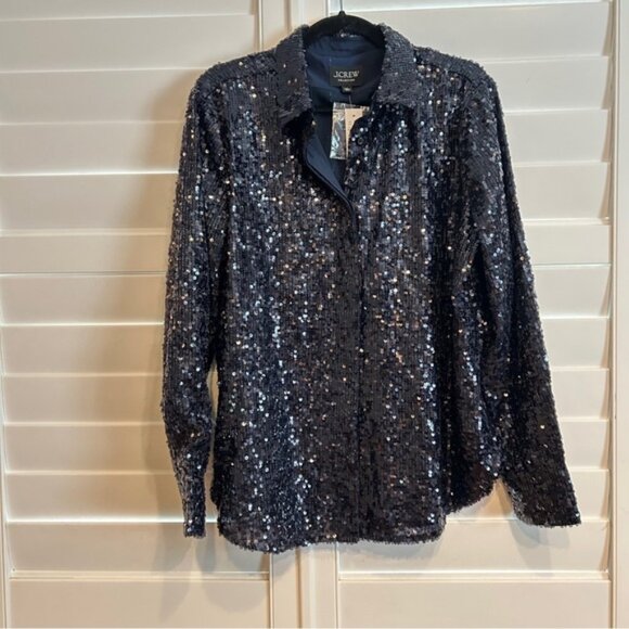 J Crew Collection Sequin Button Down Shirt Navy Size 14 - Picture 2 of 7